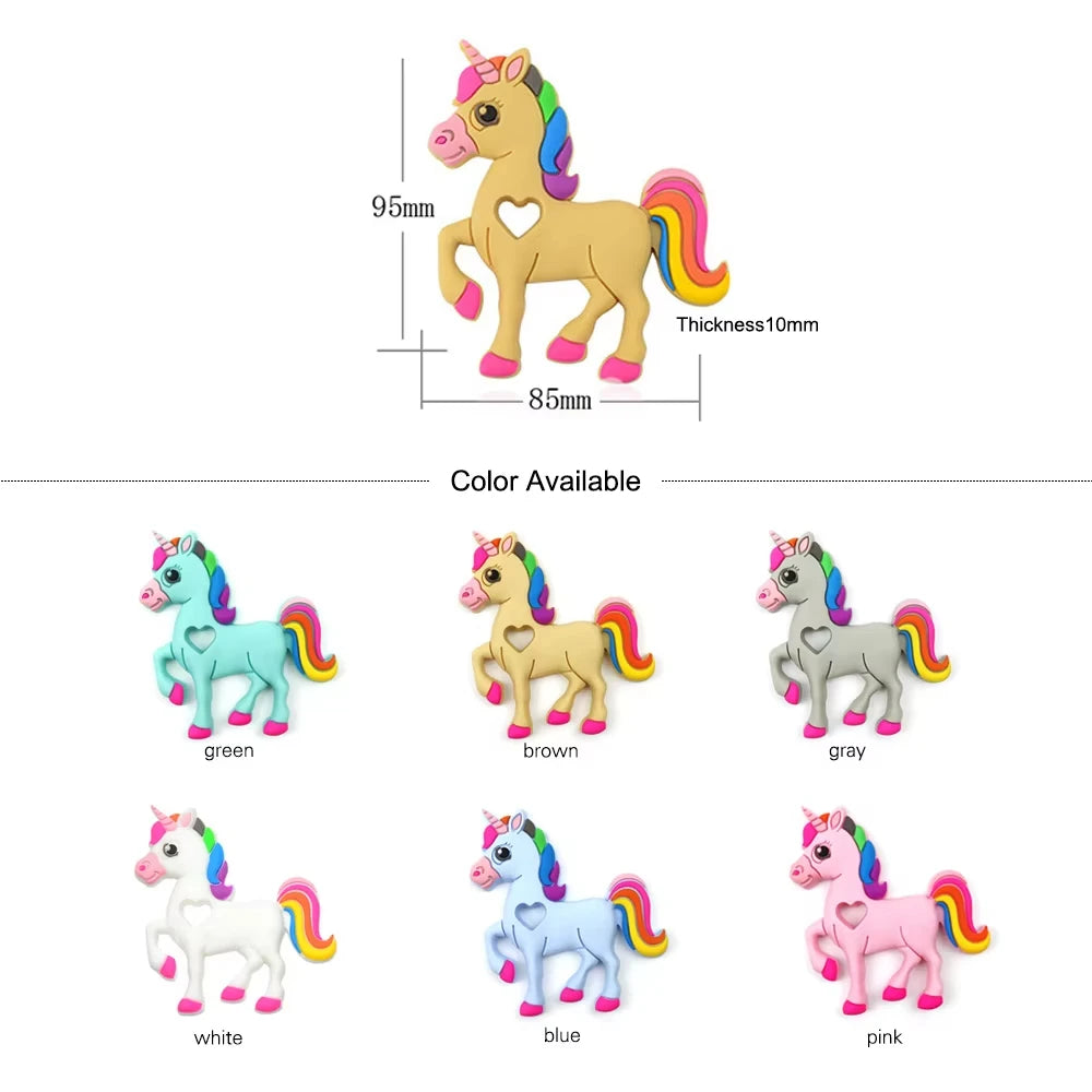 Multi-colored silicone unicorn baby teething toy in green, brown, gray, white, blue, and pink.