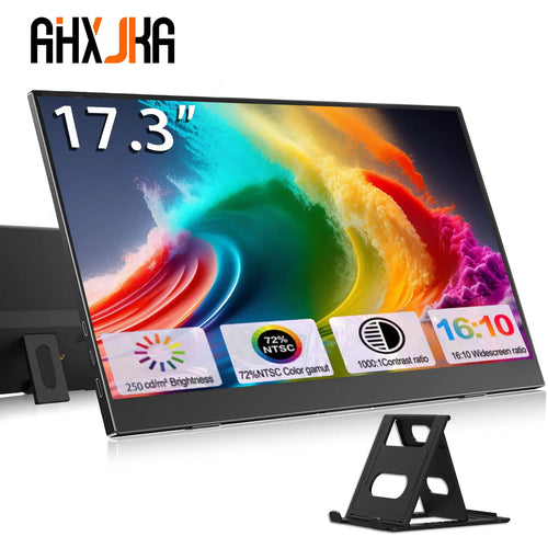 17.3-inch black portable monitor with colorful wave screen, stand, and spec overlays including 16:10 ratio and brightness.