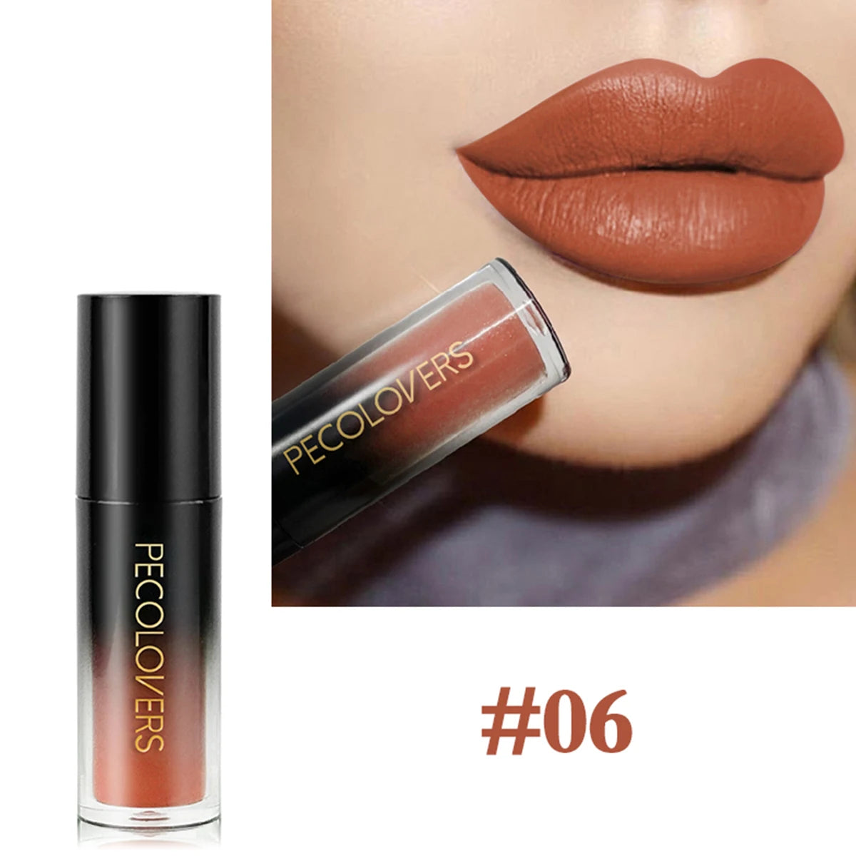 Terracotta velvet liquid lipstick, long-lasting moisturizing lip makeup with matte finish in shade #06.