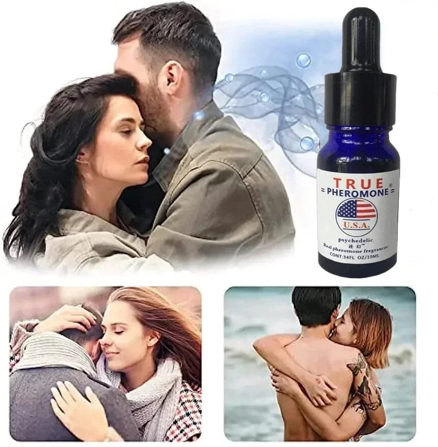 True Pheromone for Men fragrance oil, 10ml blue glass dropper bottle. Long-lasting scented oil for dates and events.