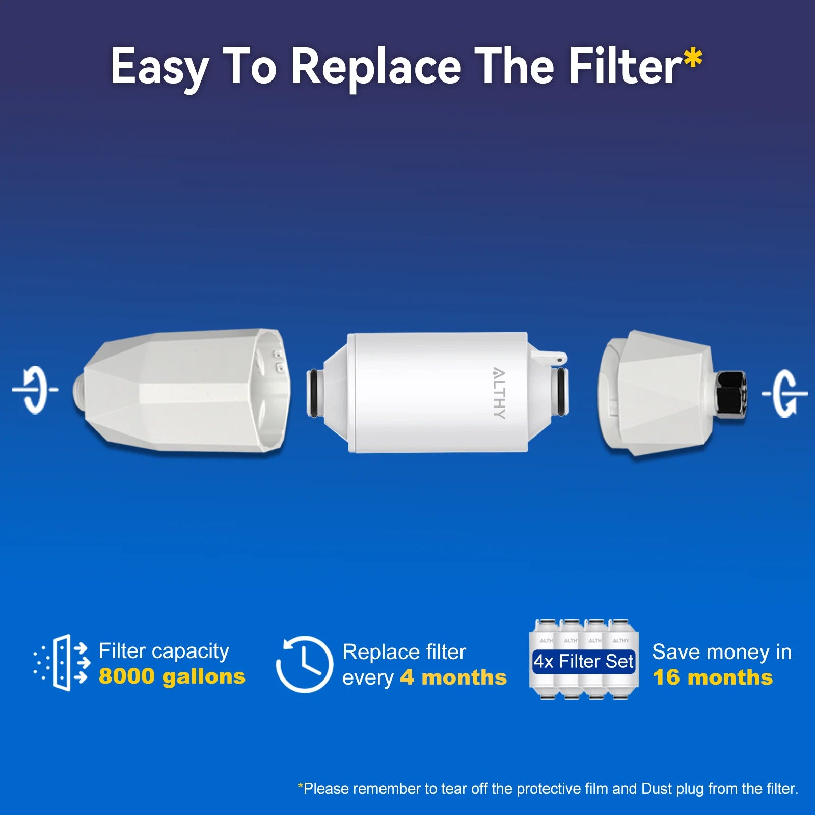 ALTHY Vitamin C shower water filter replacement instructions, removing chlorine and heavy metals for healthy skin and hair.