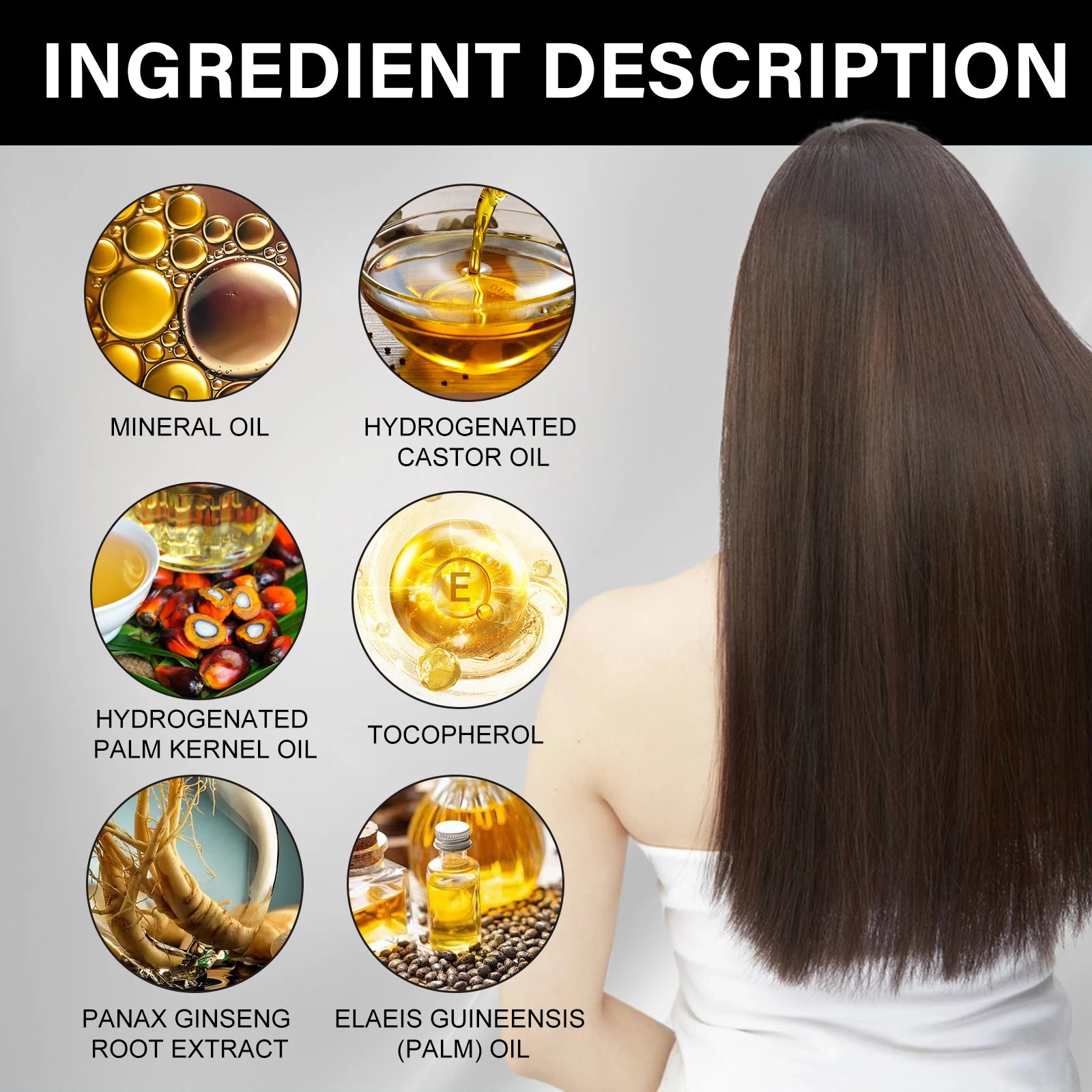 Tidesmit fast hair growth oil ingredients: castor, palm, ginseng, and vitamin E for hair loss repair and regrowth.