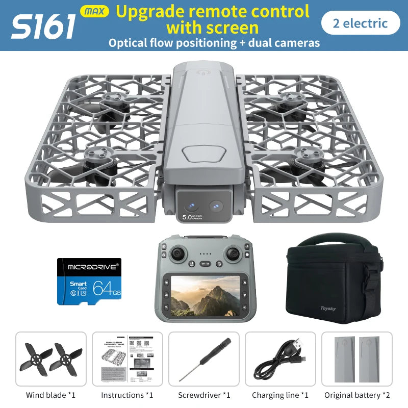 S161 drone set with gray folding quadcopter, remote with screen, 64GB SD card, carrying case, and spare accessories.