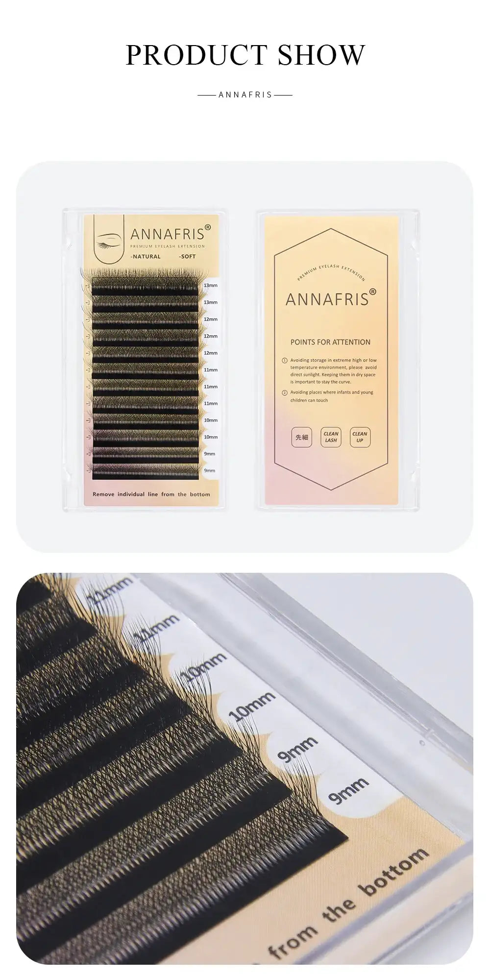 Black eyelash extension strips arranged by length in a clear plastic case for professional makeup application.