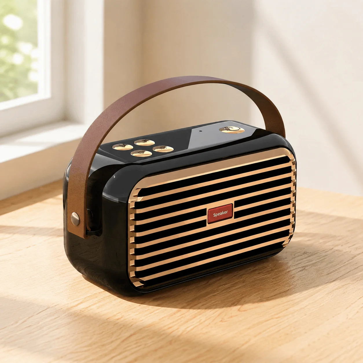 Black portable Bluetooth speaker with carry handle and front speaker grille.