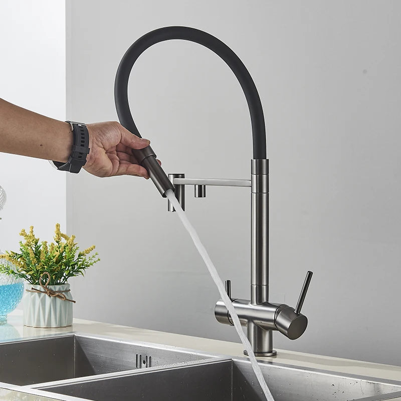 Filtered Kitchen Faucets Dual Spout Filter Faucet Mixer Pull Out Spray 360 Rotation Water Purification 3 Ways Sink Mixer Kitchen