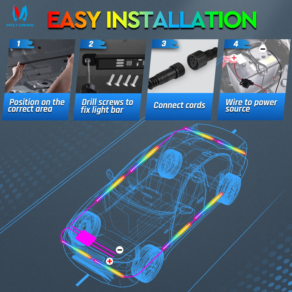 Installation guide for an LED underglow light bar kit, showing wiring and mounting steps on a vehicle diagram.