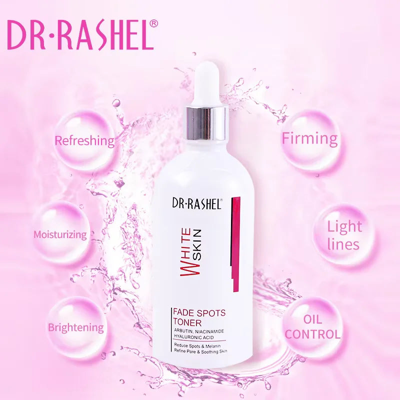 DR.RASHEL White Skin Fade Spots Toner with Arbutin and Hyaluronic Acid in a white dropper bottle for bright skin.