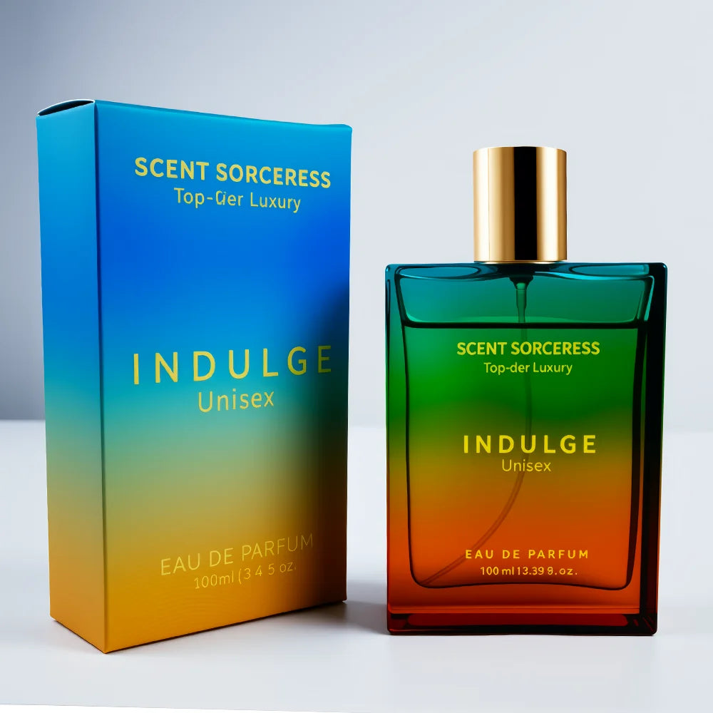 Scent Sorceress Indulge 100ml Unisex Eau de Parfum, luxury rectangular bottle with gradient sunset glass design.