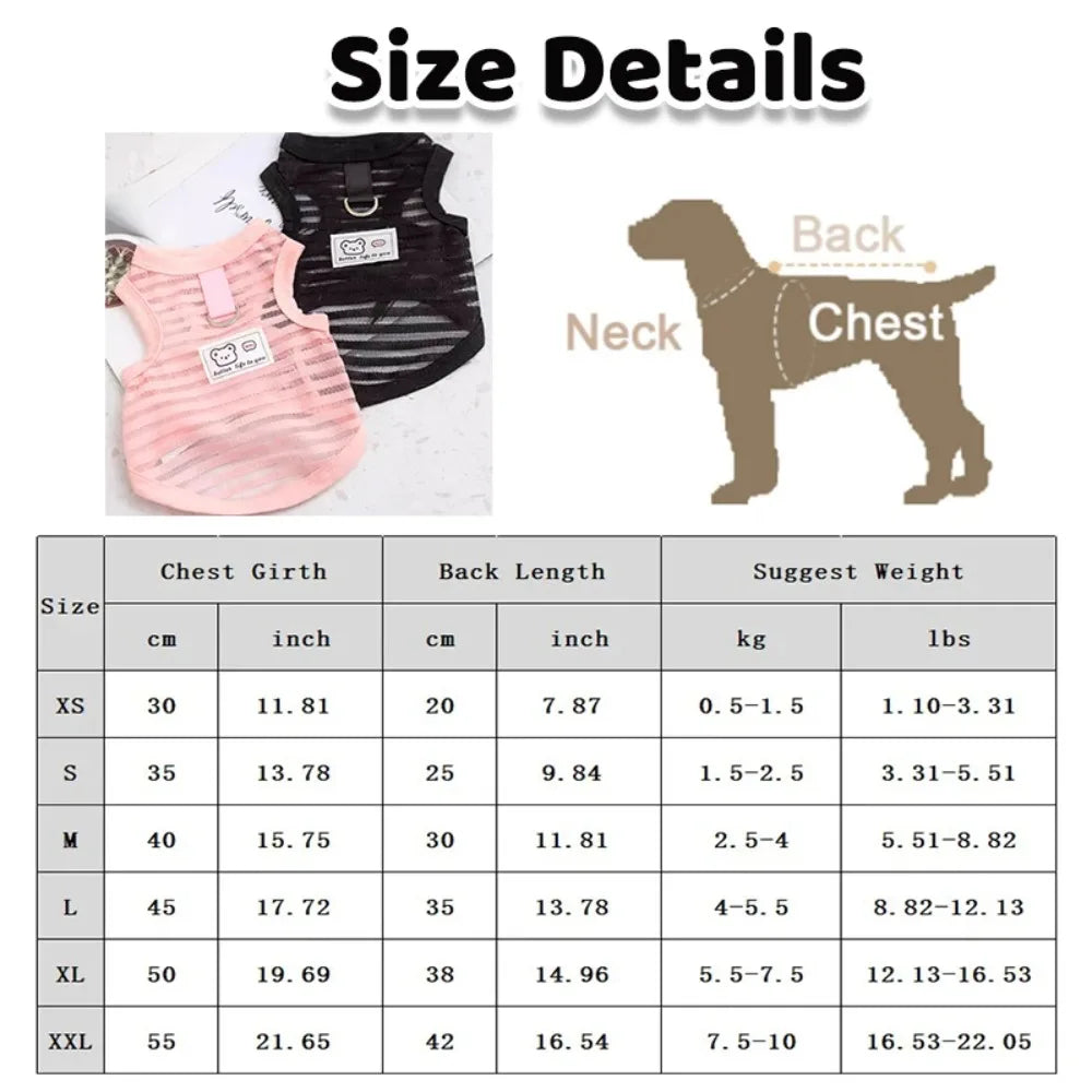Size chart for breathable pink and black summer dog cooling vests for small breeds like Chihuahuas and French Bulldogs.