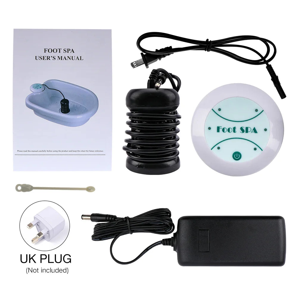 Ionic detox foot spa machine set with power supply, black detox array, control unit, and user manual for home use.