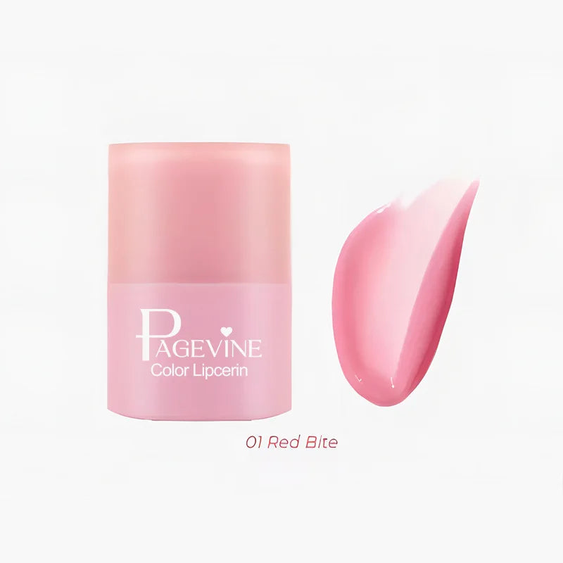 Hydrating pink twist-up lip balm by Pagevine with a glossy, non-sticky tinted texture, shade 01 Red Bite.