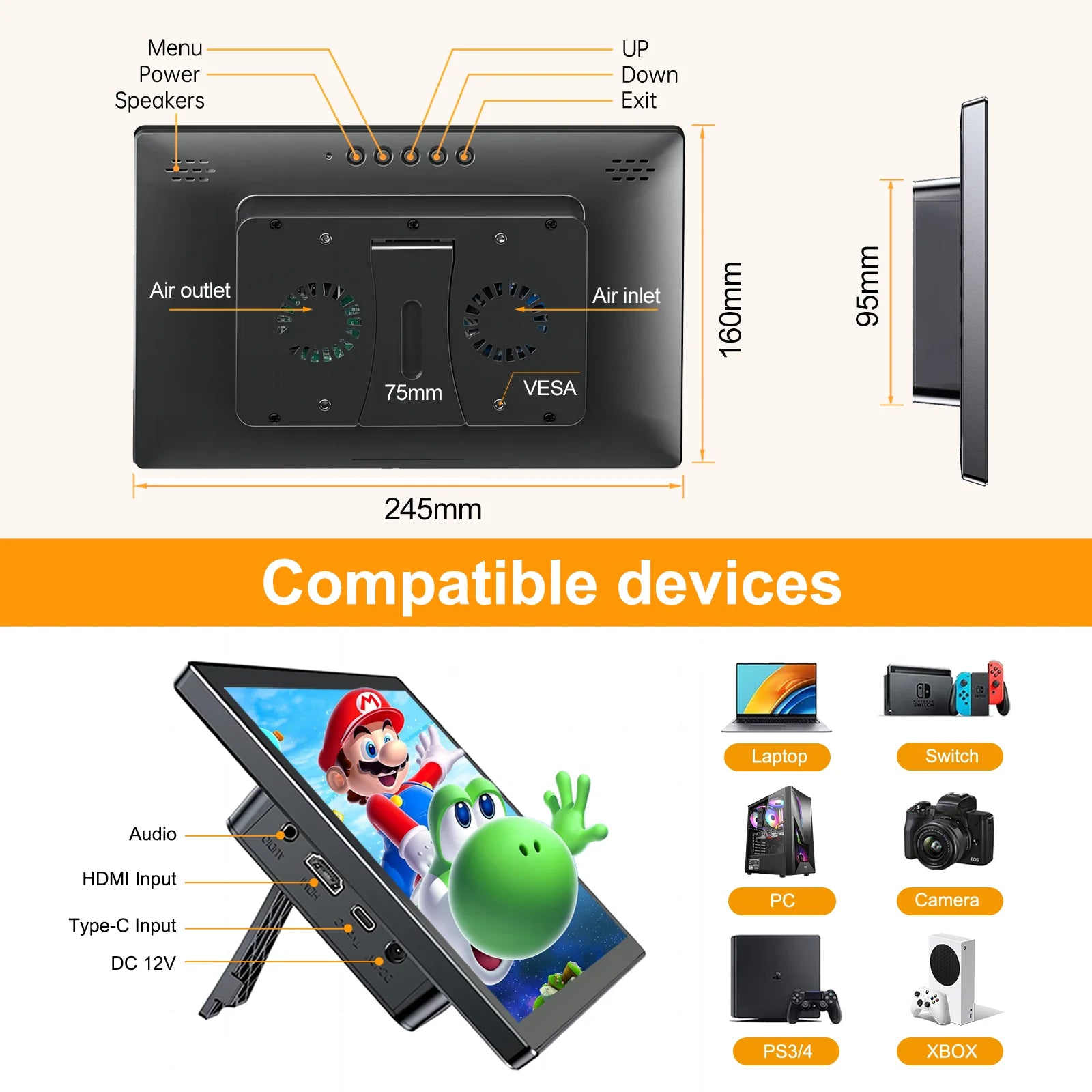 10.1 inch Touch Portable Monitor 1920x1200 Screen IPS LCD 5-point Touchscreen Dual Speaker Type-C HDMI USB-C for Car Computer
