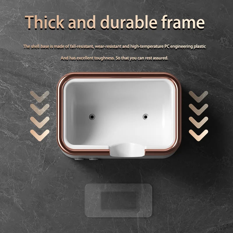 Durable HOMEFISH wall-mounted hairdryer base, white and rose gold finish with non-drill adhesive mount for bathroom.