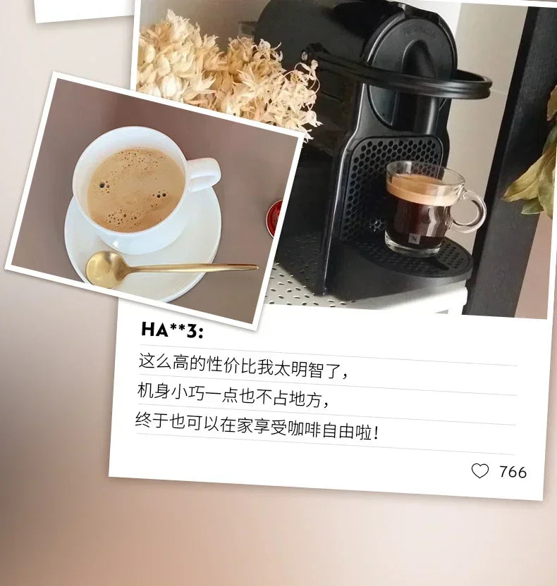 Compact black Nespresso capsule coffee machine brewing fresh espresso in a glass cup, plus a white coffee cup.