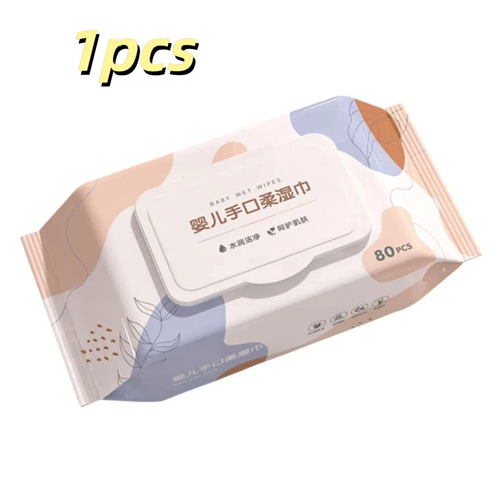 80-count baby wet wipes with pastel floral and leaf design for gentle baby care and hand and mouth cleaning.