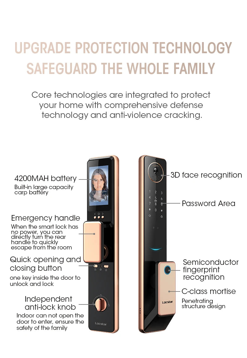 2026 Tuya Wifi Golden Video 3D Face Recognition Fingerprint Digital Smart Door Lock From Alibaba Certification Factory