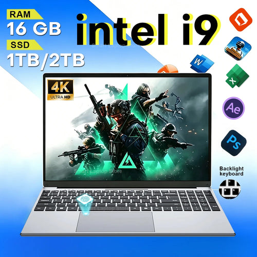 Silver gaming laptop with slim bezels, backlit keyboard, trackpad with fingerprint icon, and 4K display showing game art.
