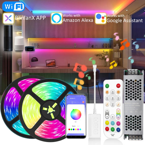RGBIC COB LED strip light kit with LED reel, app phone, remote, and power controller