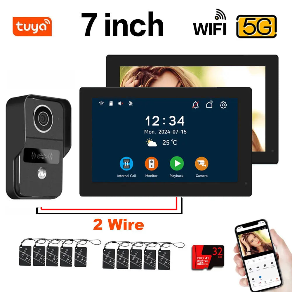 7 Inch Tuya Smart Wifi Video Entry Phone Intercom System 1080P 2 Wire Home Video Doorphone Doorbell RFID Card Unlock Apartment