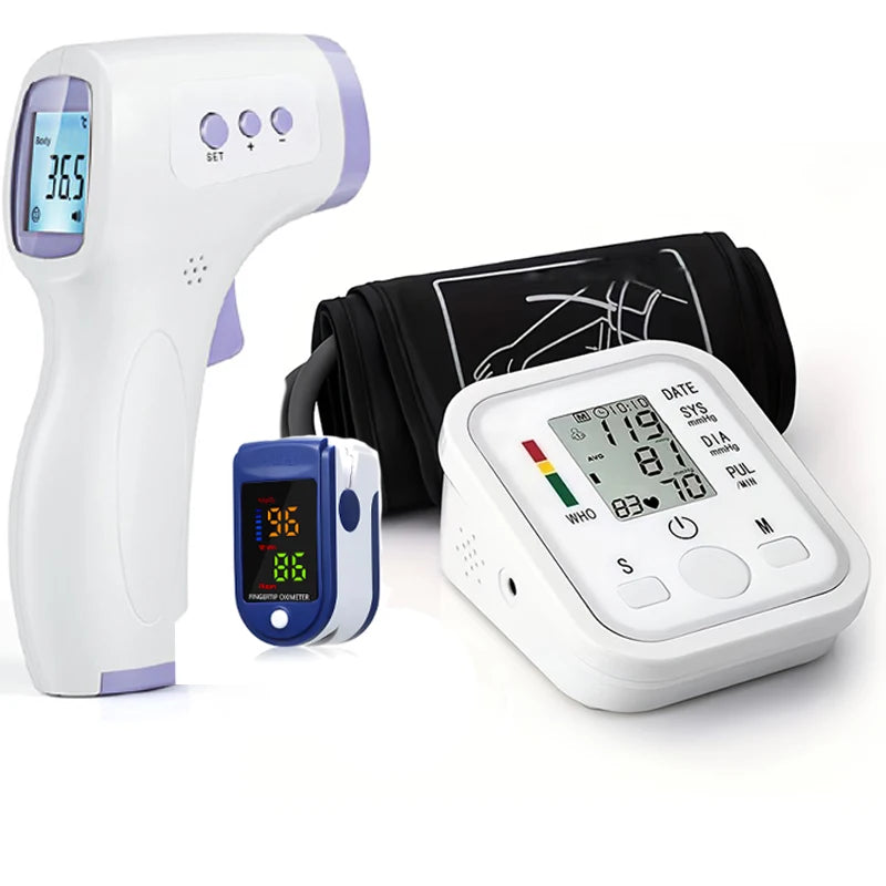 Arm Blood Pressure Monitor Sphygmomanometer Tonometer Tensiometer + Pulse Oximeter Finger Clip Pulse Monitor + Body Thermometers