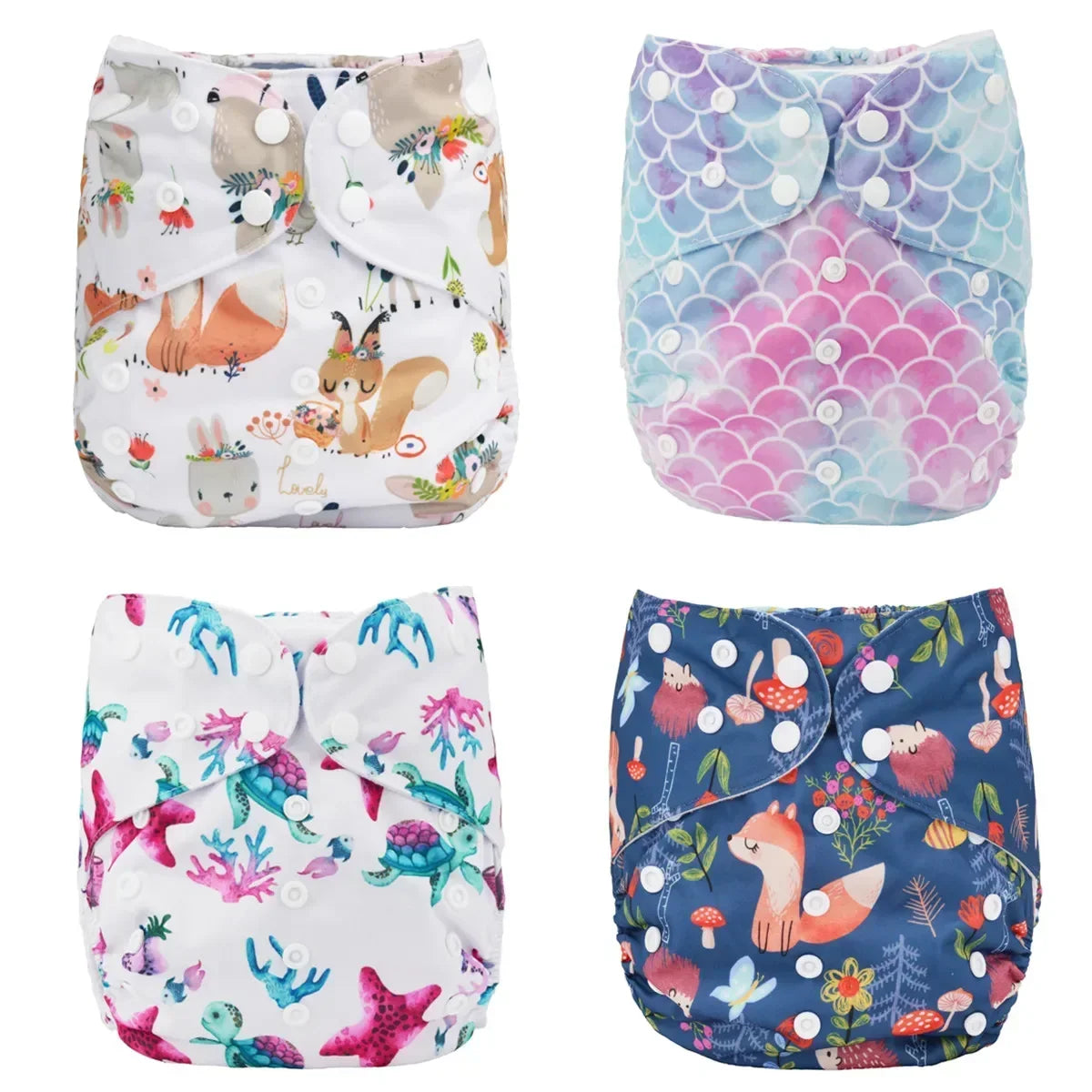 Four reusable baby cloth diapers with cute woodland, mermaid, and sea creature prints. Adjustable snap fasteners.