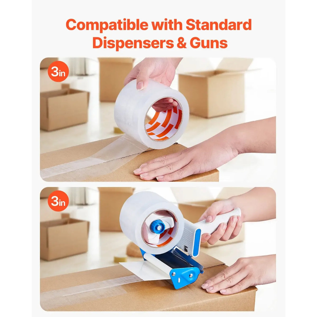 Clear 3-inch packing tape on core, compatible with dispensers and guns