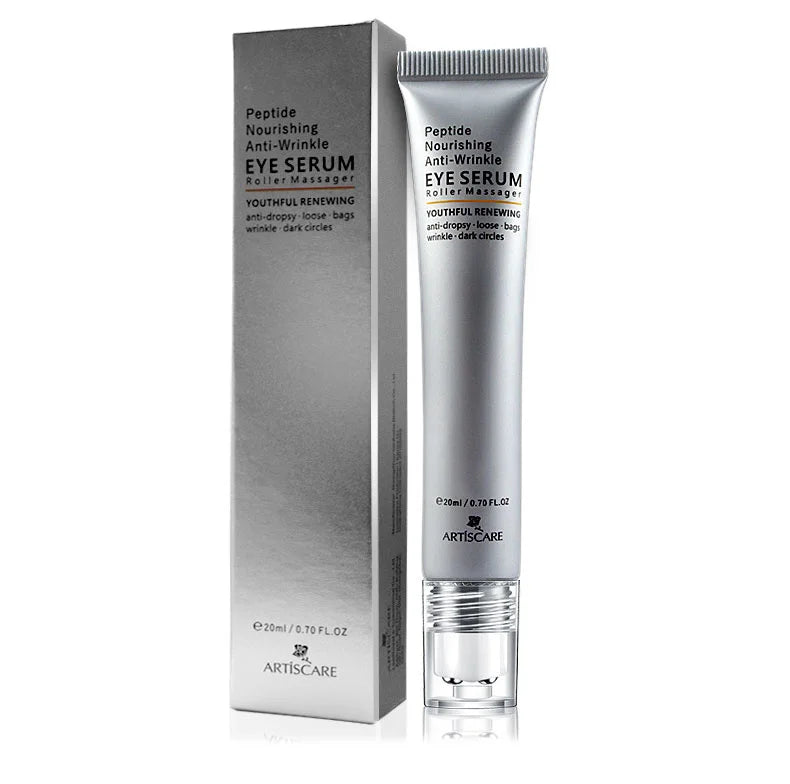 ARTISCARE peptide anti-wrinkle eye serum in silver squeeze tube and box for dark circles and puffiness skin care.