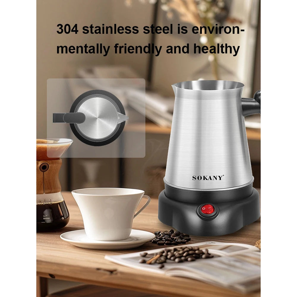 Sokany 304 stainless steel electric coffee maker in silver and black with a power switch on a black base.