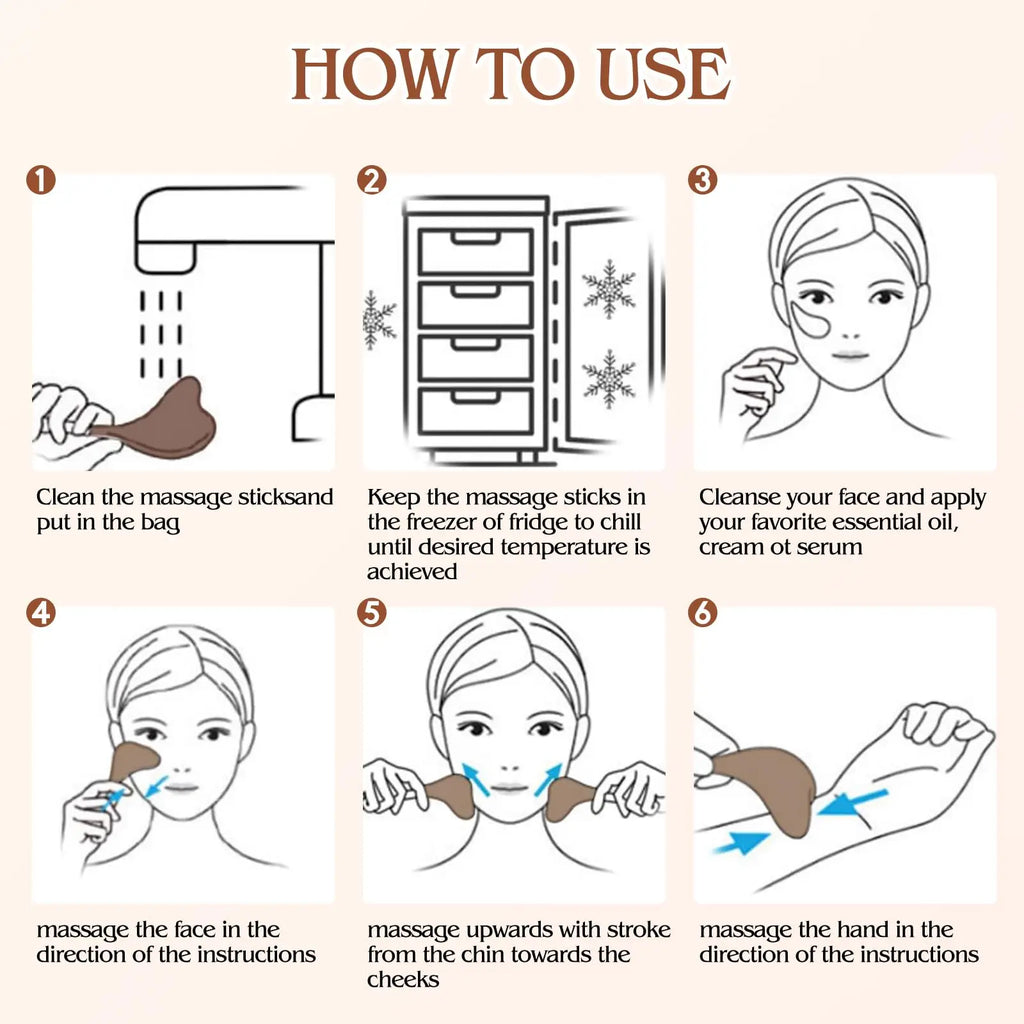 Six-step instructional infographic showing how to clean, freeze, and use stainless steel Gua Sha cryo sticks.