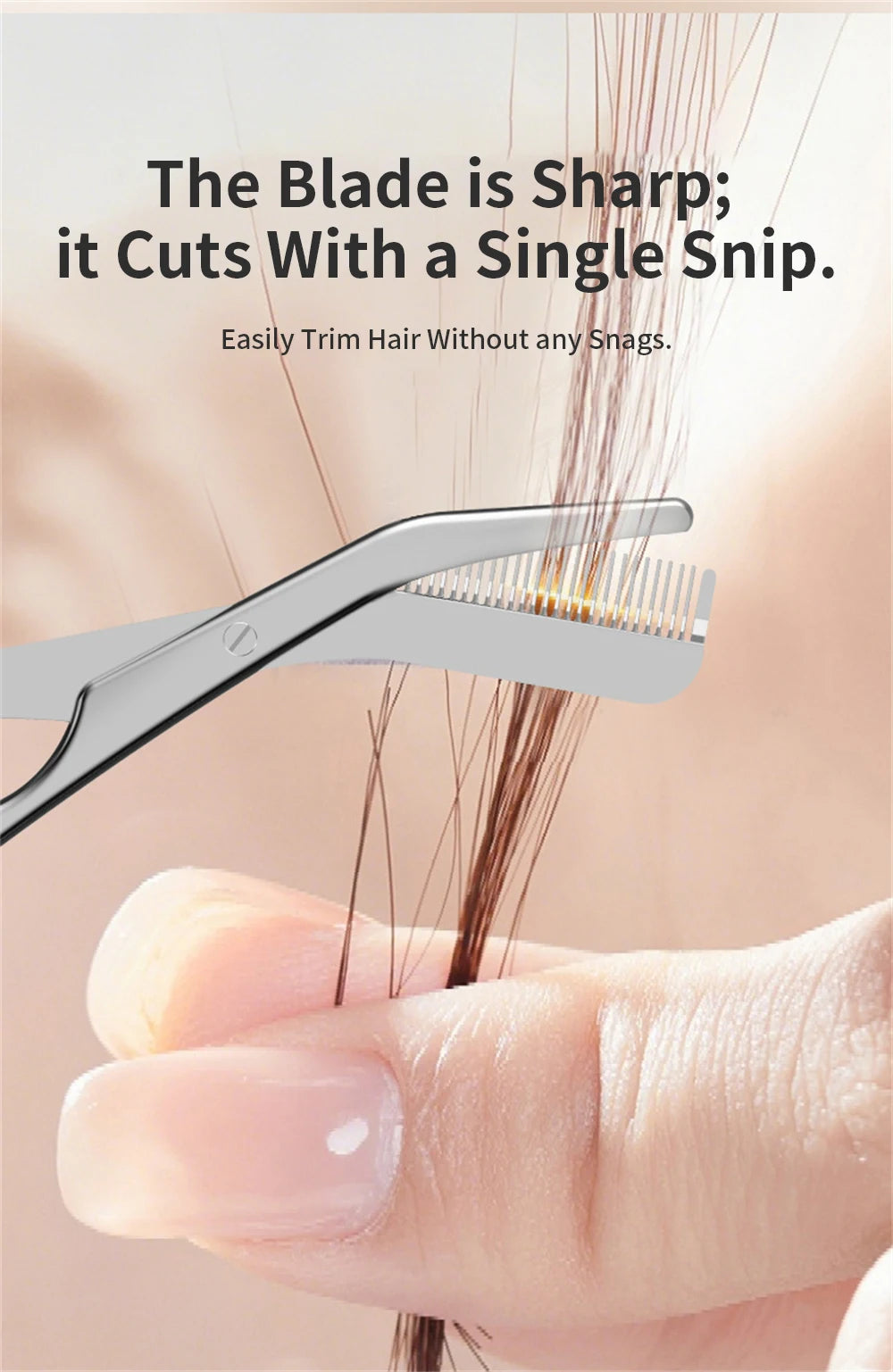 Professional silver stainless steel eyebrow trimmer with built-in comb for precise hair shaping and grooming.