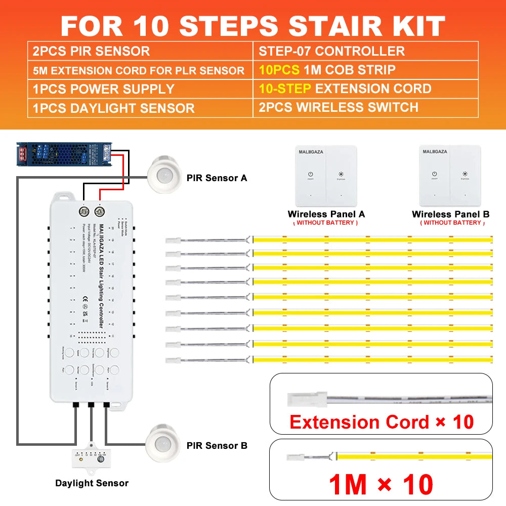 LED stair light kit package diagram for 10 steps: PIR sensors and COB LED strip controller