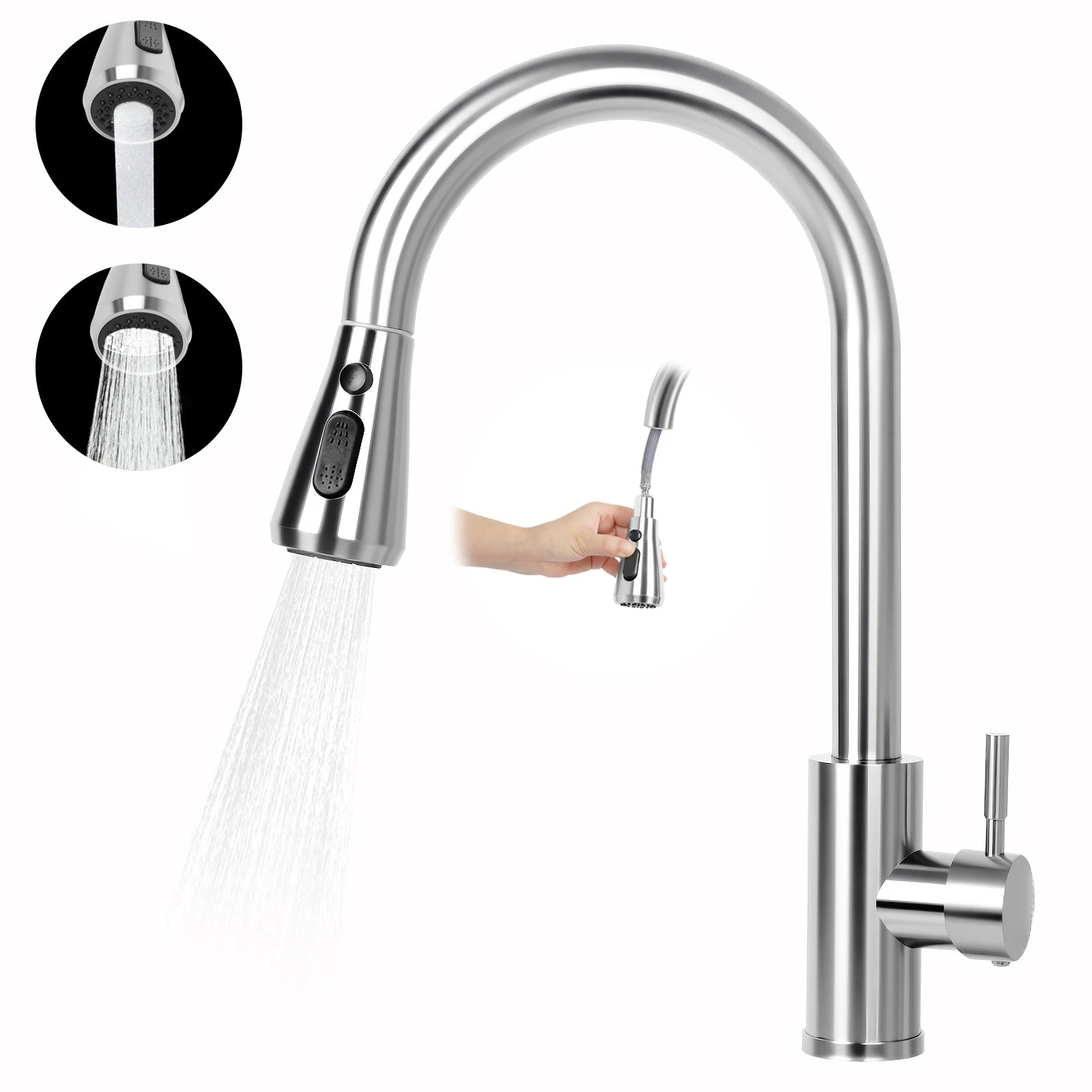 Stainless Steel Faucet Kitchen Faucet Sink Faucet with Pull Down Sprayer Hot and Cold Dual Control Bar Sink Faucet Rotation Faucet Showerhead and Bubble Water Flow