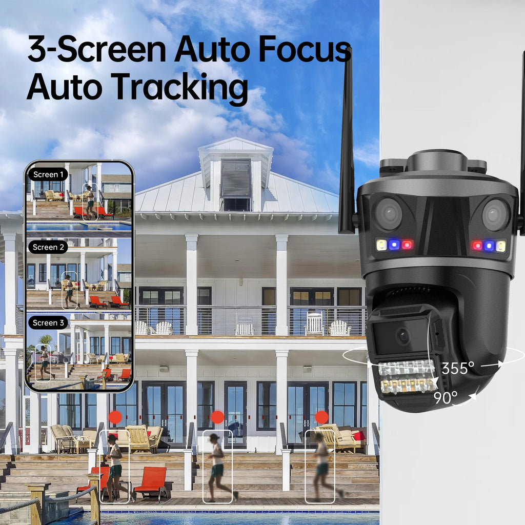 Three Lens Outdoor 6K HD WIFI IP Camera Three Screen PTZ Camera AI Human Detection IP66 Waterproof CCTV Video Surveillance ICsee