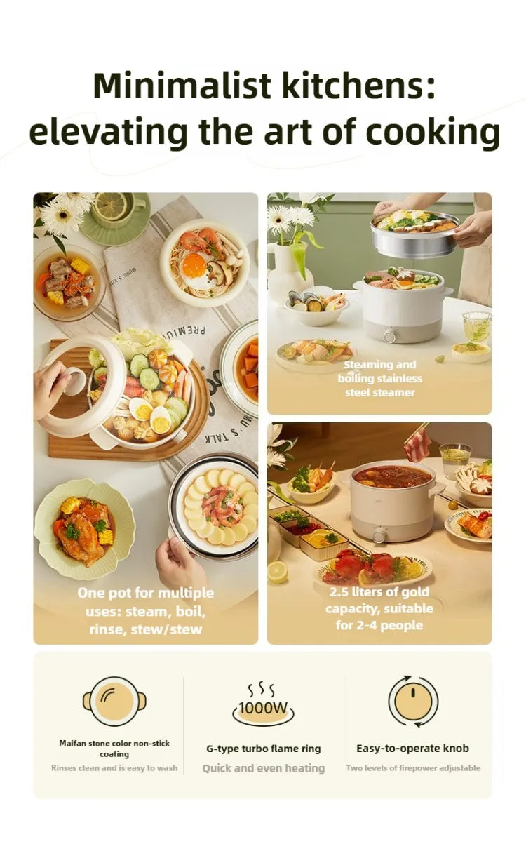 White electric multi cooker with two cooking pots, illustrated controls and heating options