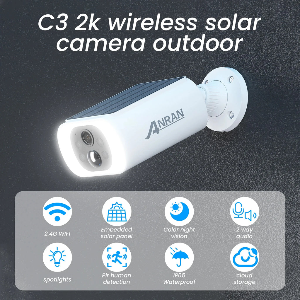 ANRAN 2K Solar Camera Built-in Battery 3MP 2.4G WIFI Security Camera Flood lights Free Basic Cloud Storage Color Night Vision