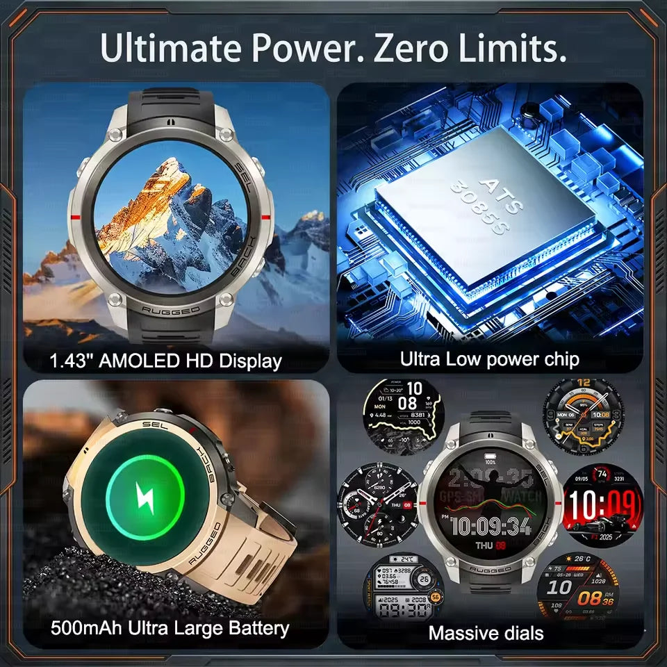 2026 New Hot Sports Smart Watch With GPS Offline Map 170+Sports Mode 5ATM Waterproof 1.43"AMOLED Fitness Tracker Watch For Men