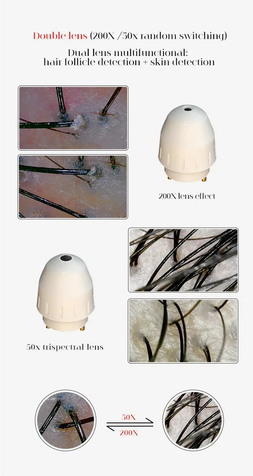 HD scalp and skin analyzer with dual 50x and 200x microscope lenses for professional hair follicle health detection.