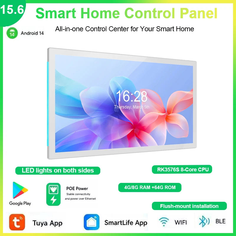 2026 New Slim Edge 15.6" Android POE Tablet Wall Mount Smart Home Control Panel With LED Lights IPS Touch Screen Display