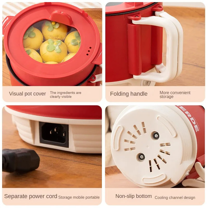 Electric folding pot features: folding handle, visible pot cover, cord storage