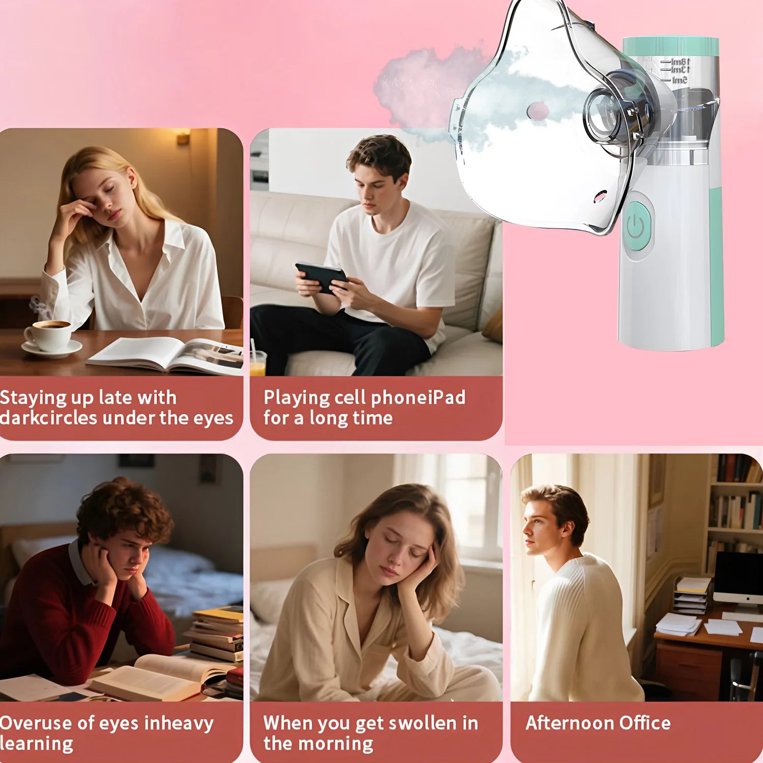 Handheld nano eye steamer and humidifier mask to relieve dry eyes, fatigue, and puffiness for home or office use.
