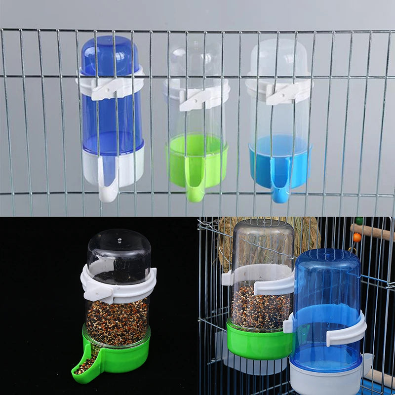 Automatic plastic bird feeder and water dispenser for parrot cages in blue, green, and clear for easy pet feeding.