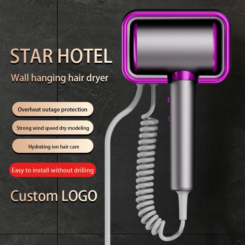 Purple and silver wall-mounted ionic hair dryer with coiled cord, professional hotel design, no-drill installation.