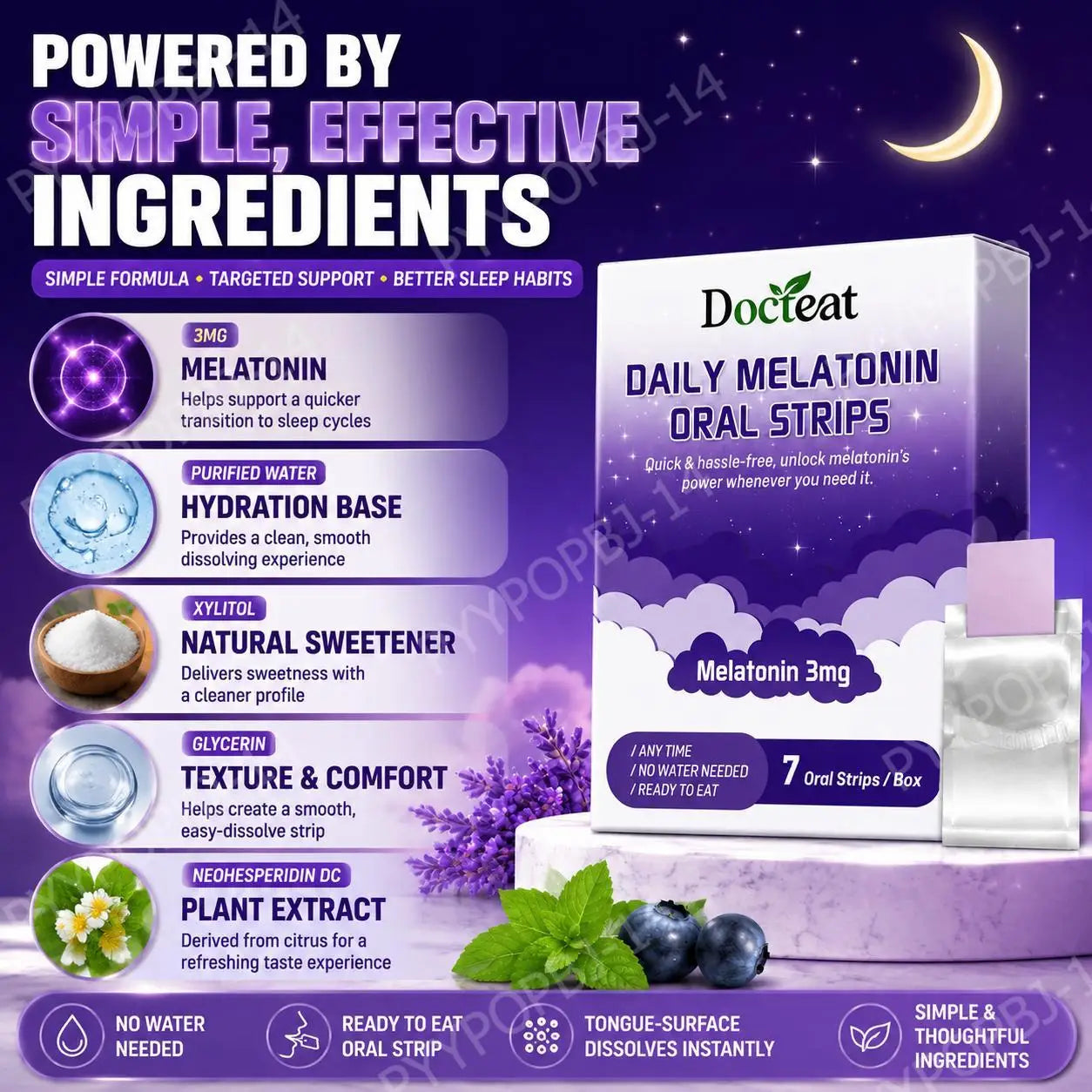 Docteat Daily Melatonin Oral Strips with Vitamin B6 No Water Needed Ready To Eat Dissolving Faster Sleep Onset 7 Oral Strips