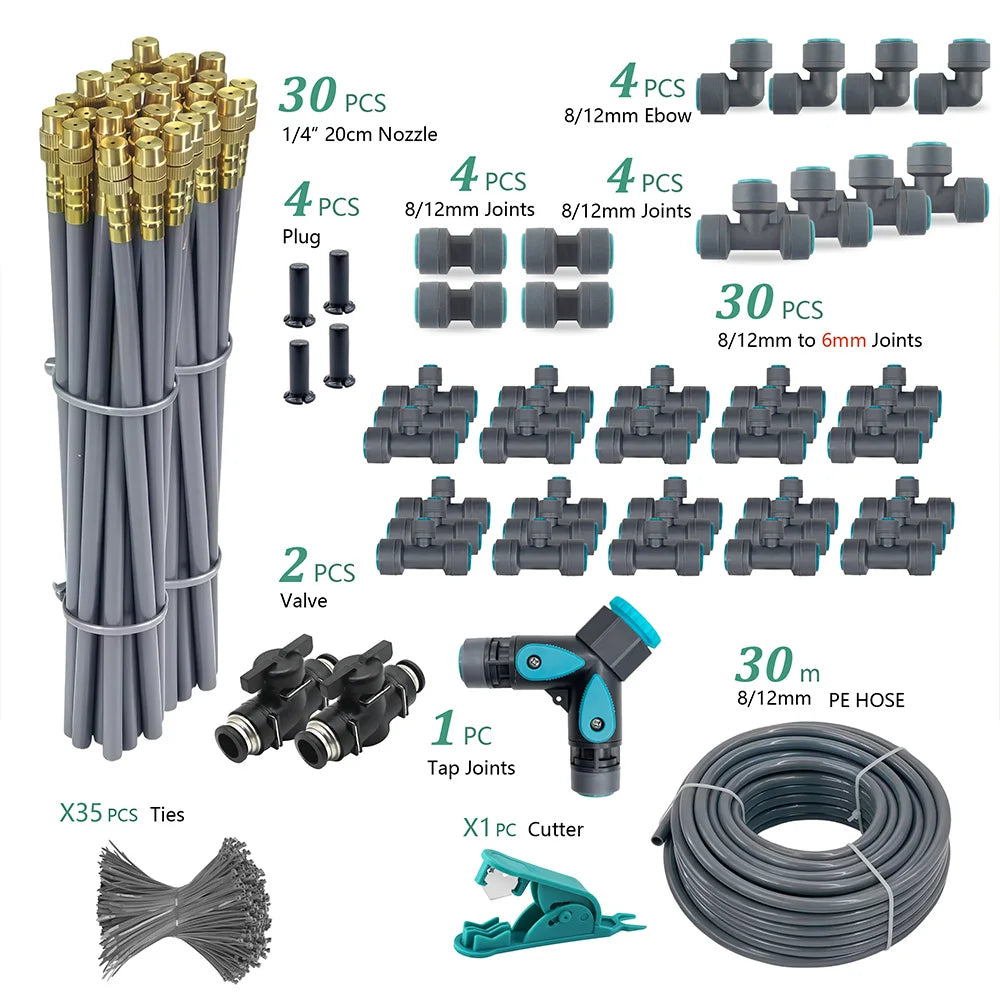 Garden nozzle kit with 30 pcs brass nozzles, 8/12mm PE hose coil, and gray adapters