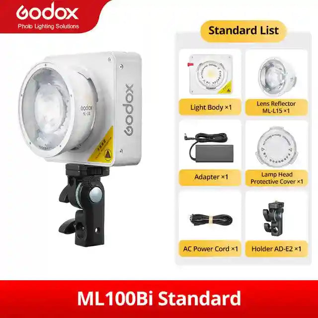 ML100Bi compact square LED video light with reflector, protective cover, adapter, power cord, and mounting holder.
