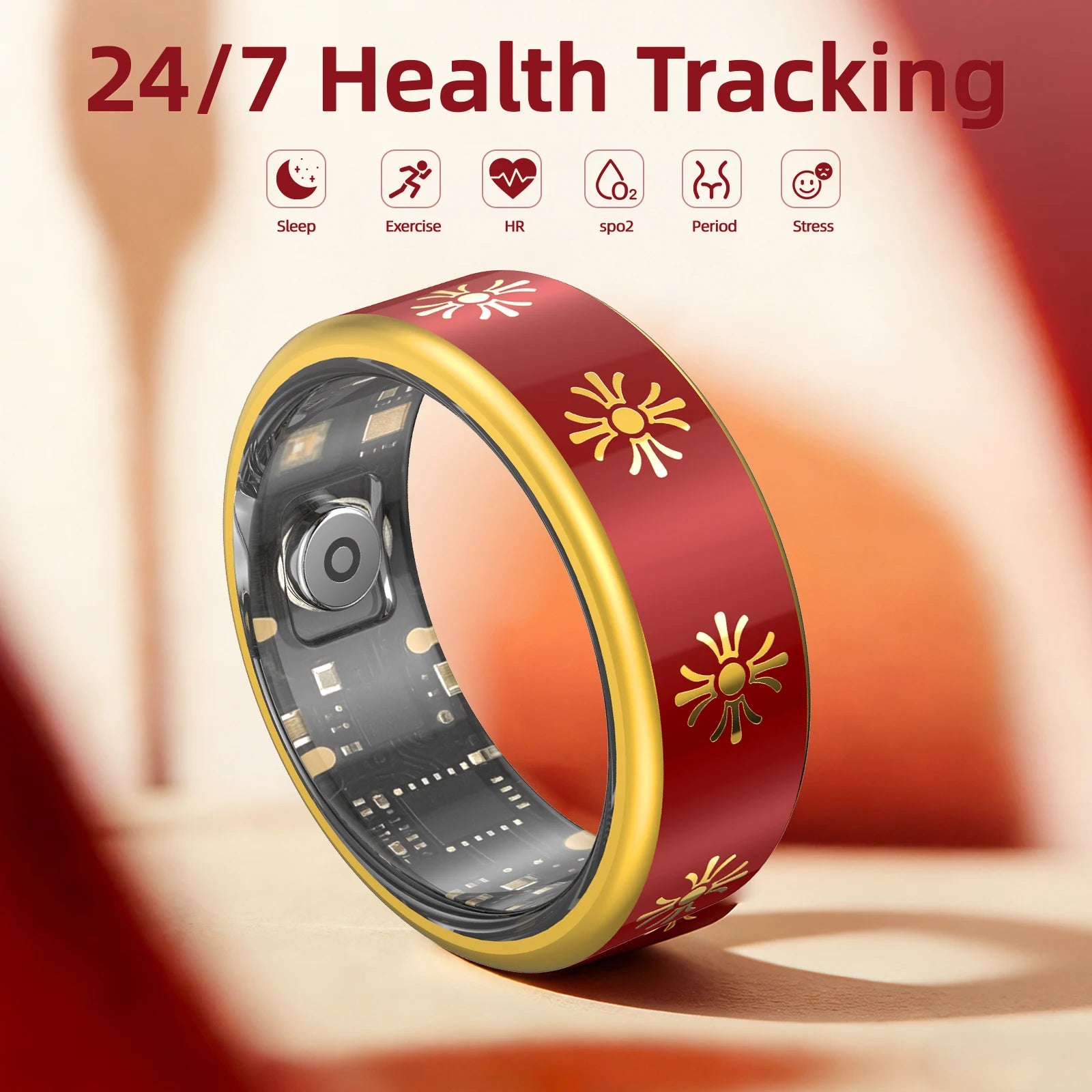 Smart Ring – Fitness & Sleep Tracker, Step/Distance/Calorie Monitor, Multiple Sport Modes – Unisex, IP68 Waterproof, Great for Gifting, Red