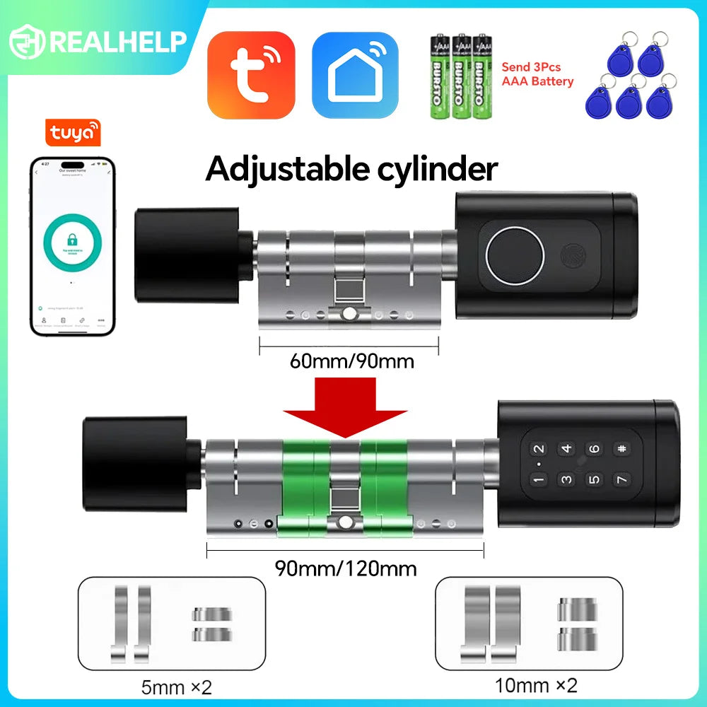 Fingerprint Smart Lock Code Cylinder with Bluetooth Tuya Smart Life App Remote Adjustalbe Cylinder Lock