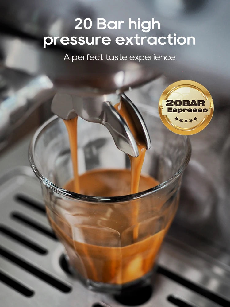 Stainless steel 20-bar espresso machine pouring rich coffee into a glass cup with gold 20-bar quality emblem.