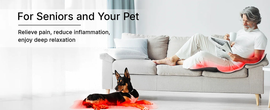 A man sitting on a sofa and a dog both lying on flexible red light therapy mats emitting a soft red glow.